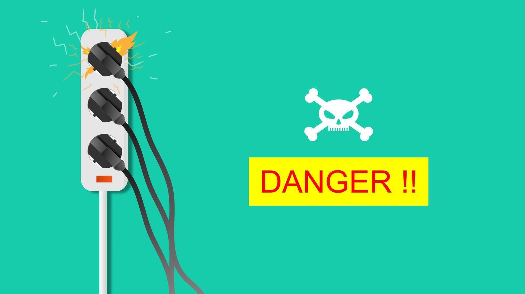 Electric risk burn. Overload plug in power outlet in. caution and warning Danger electricity illustration. vector