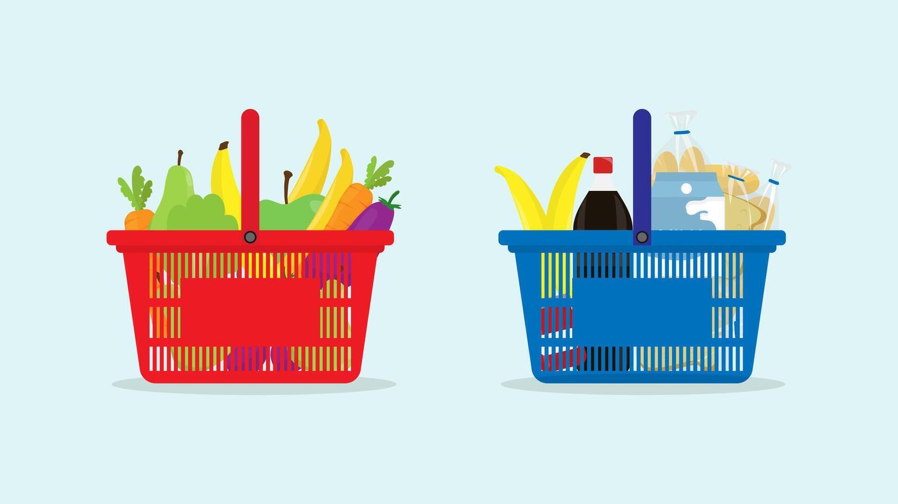 shopping trolley or basket with fruit, vegetables and bread shopping cart element vector