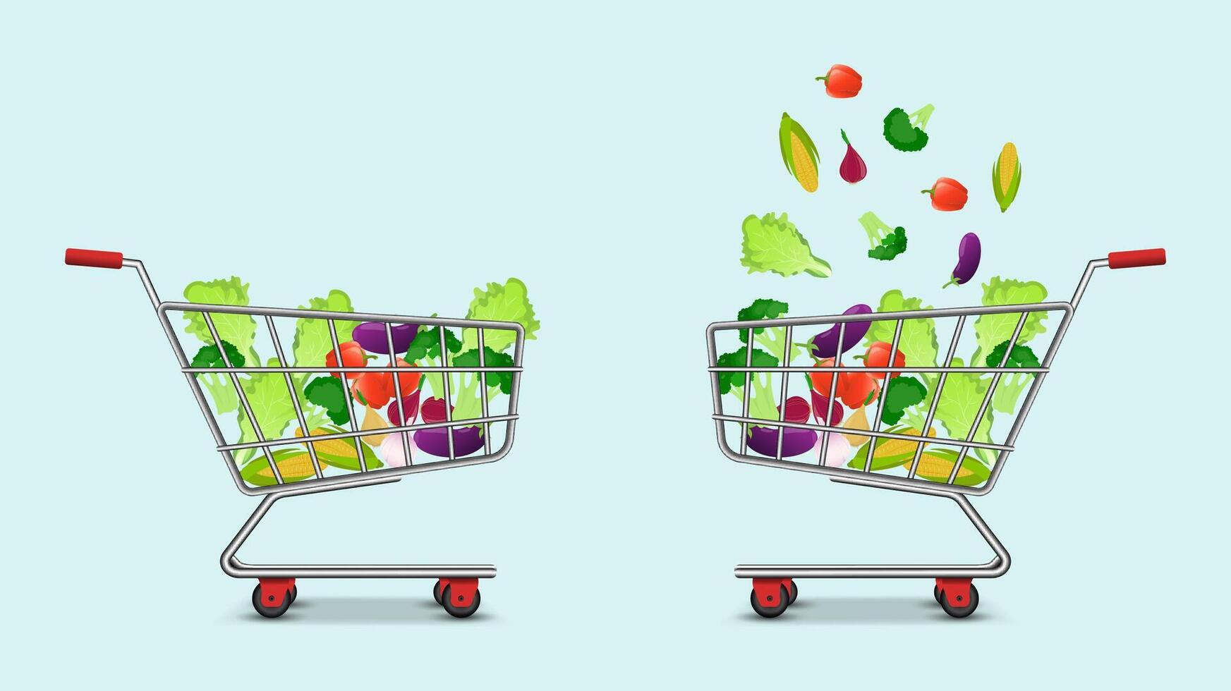 shopping trolley or basket with fruit, vegetables and bread shopping cart element vector