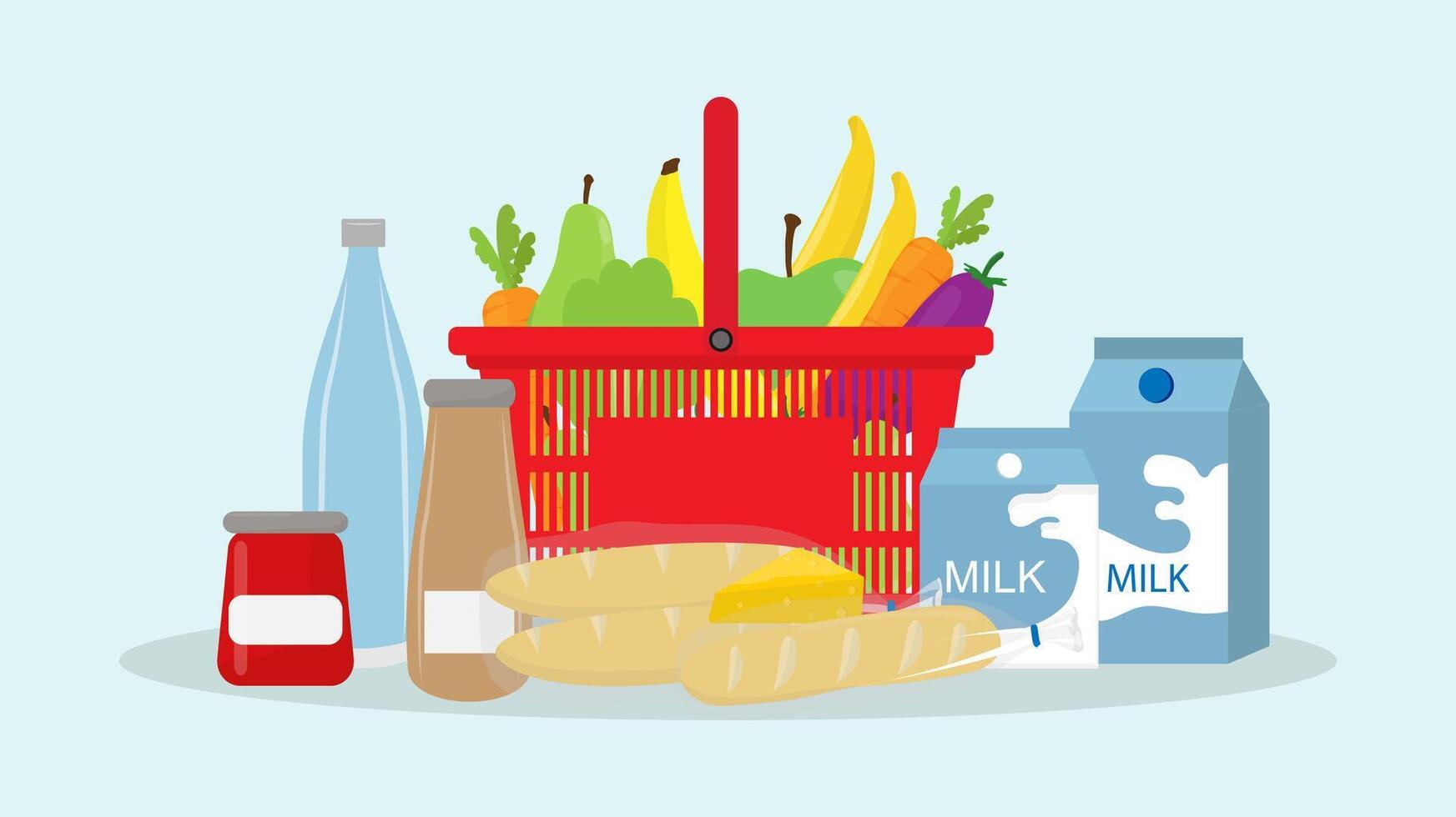 shopping trolley or basket with fruit, vegetables and bread shopping cart element vector