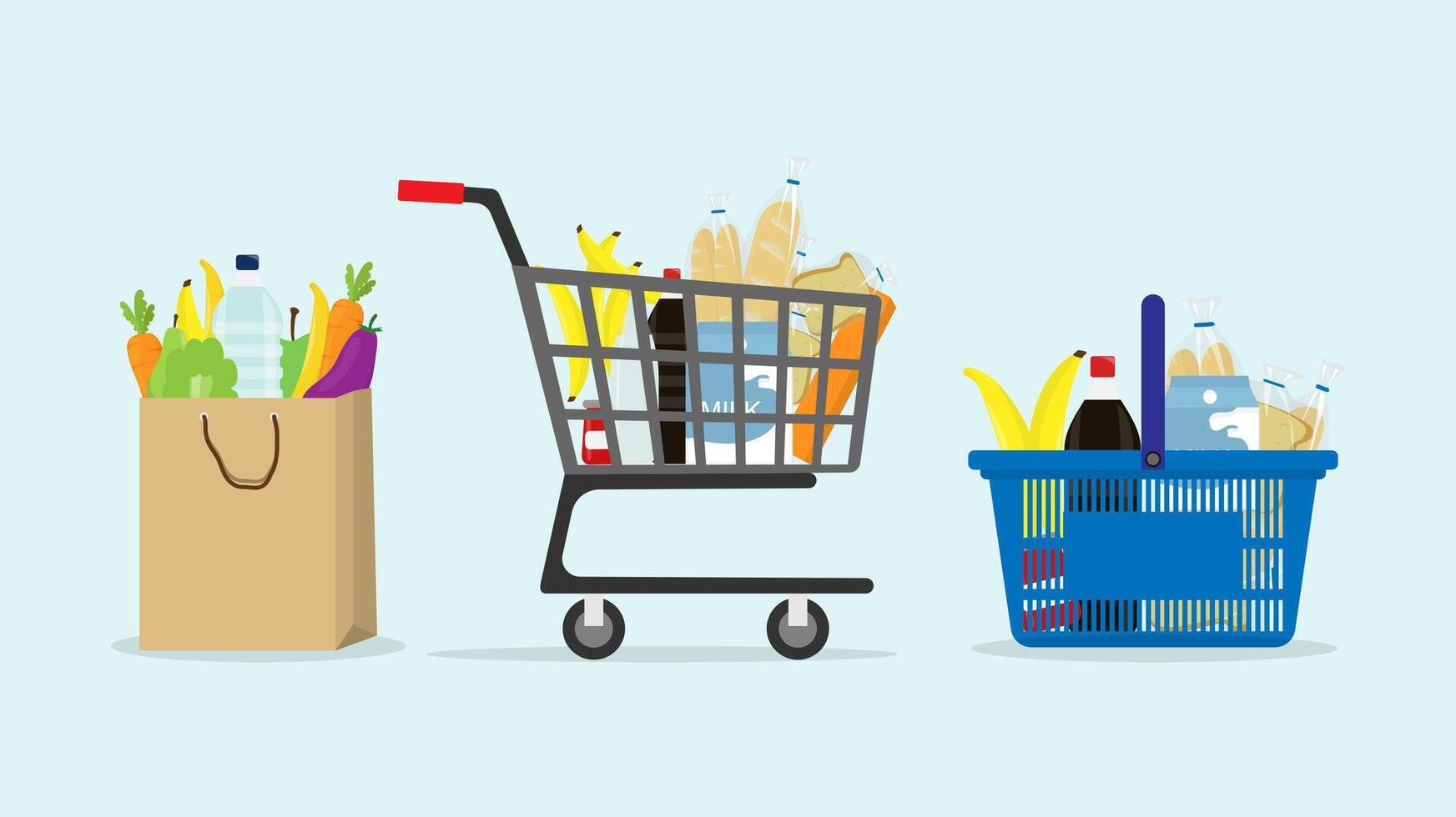 shopping trolley or basket with fruit, vegetables and bread shopping cart element vector
