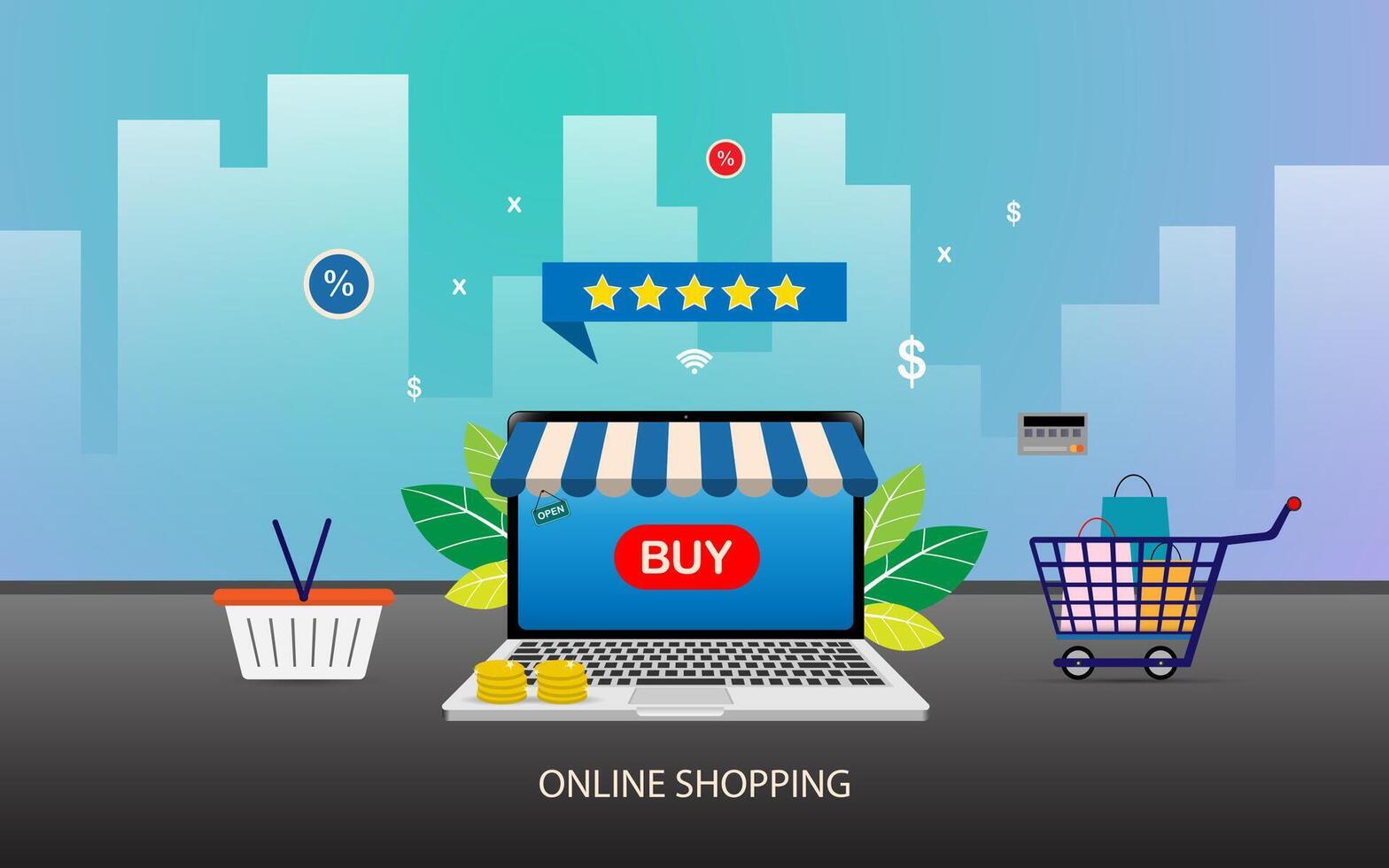Shopping online using smartphone concept vector