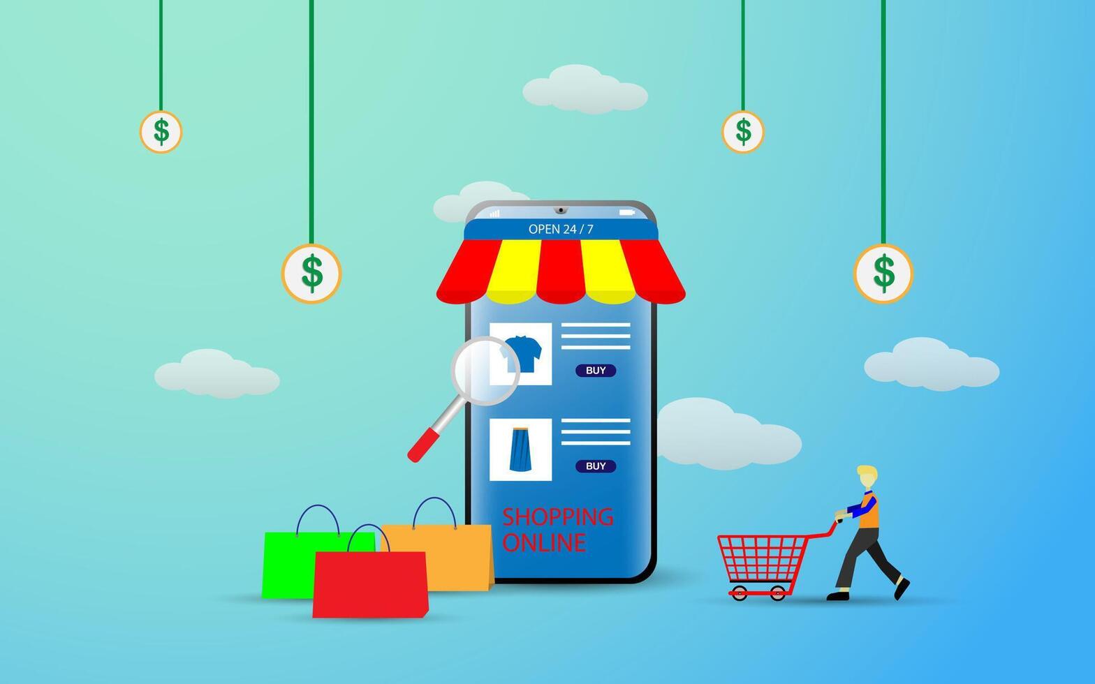 Shopping online using smartphone concept vector