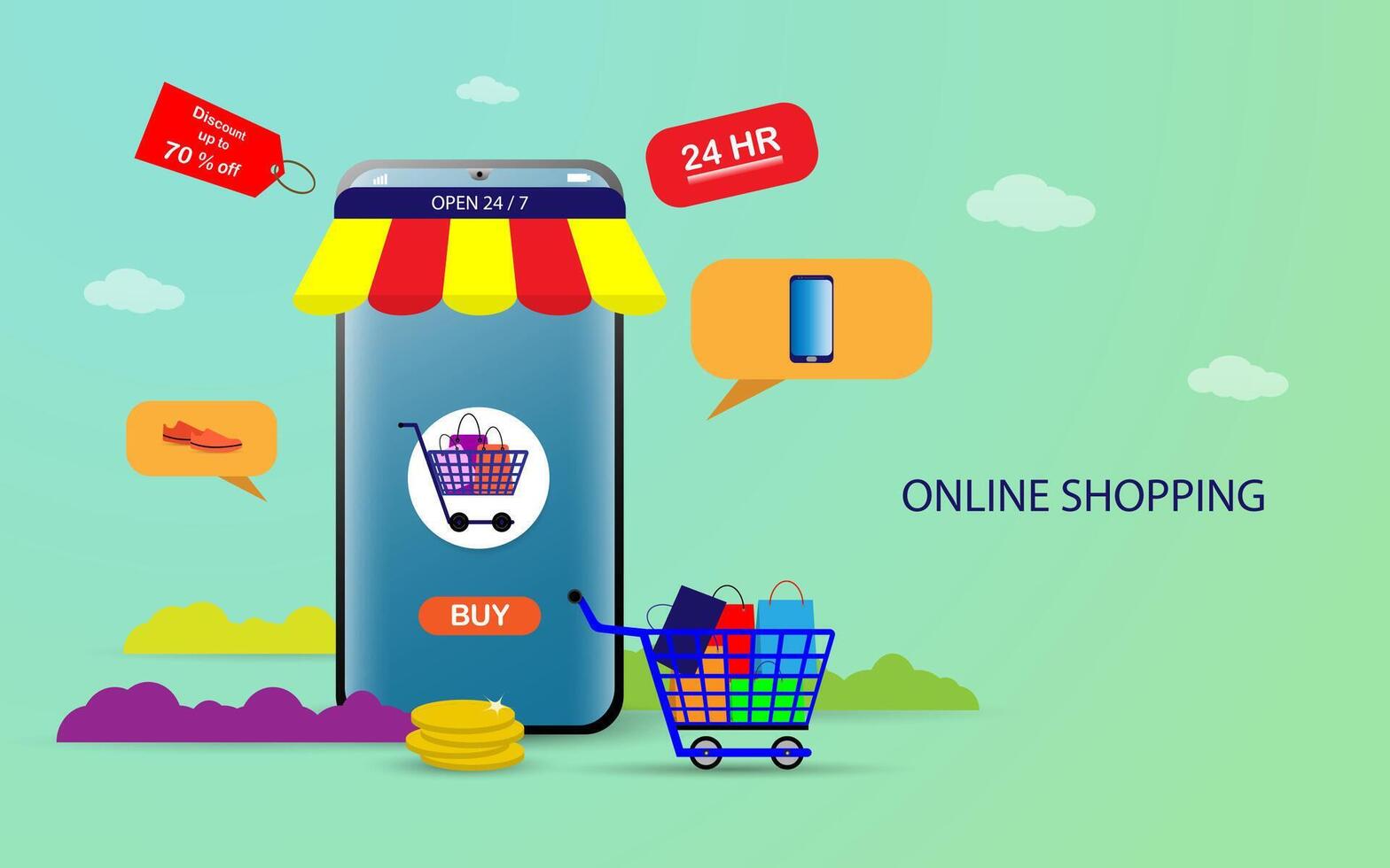 Shopping online using smartphone concept vector