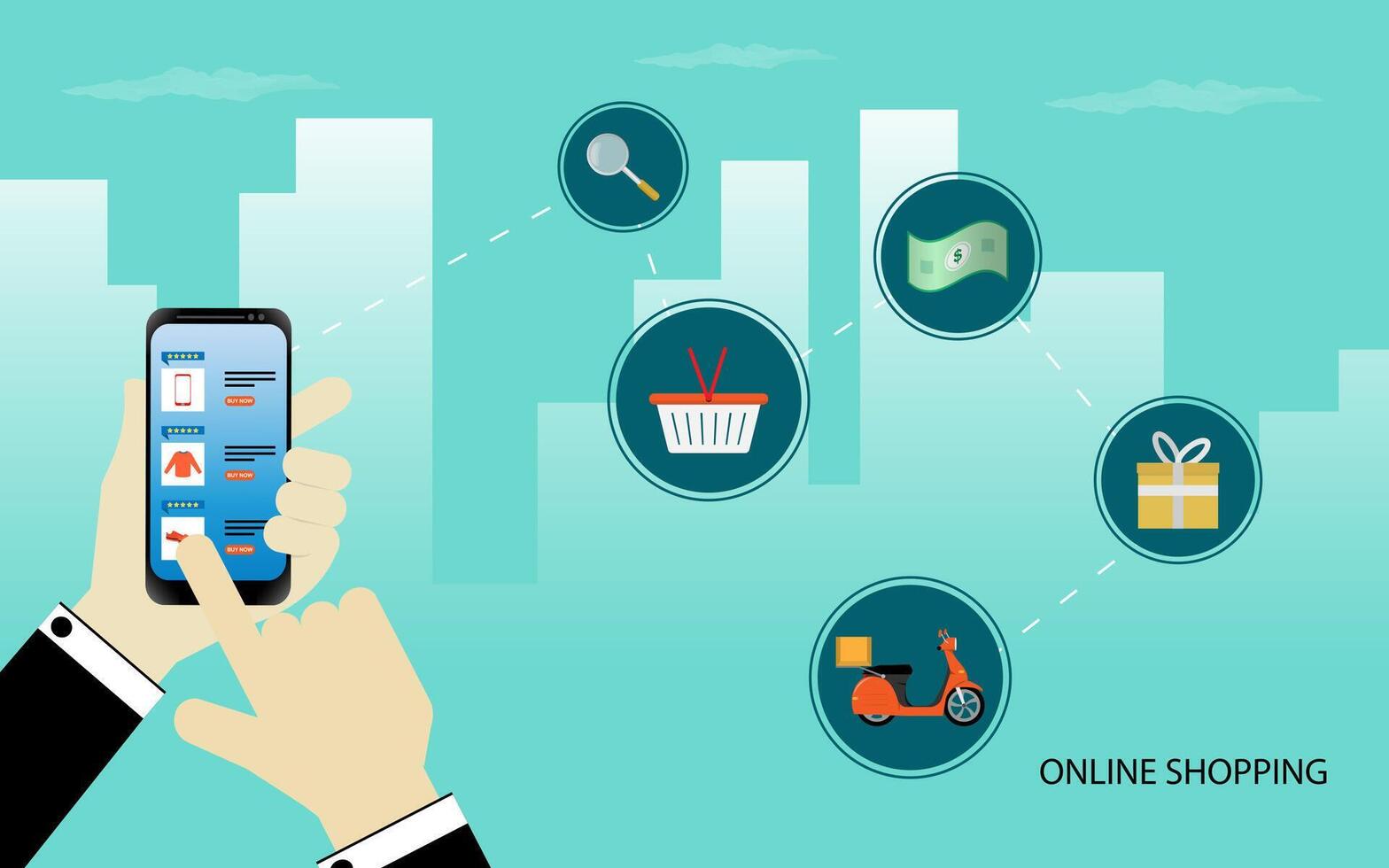 Shopping online using smartphone concept vector