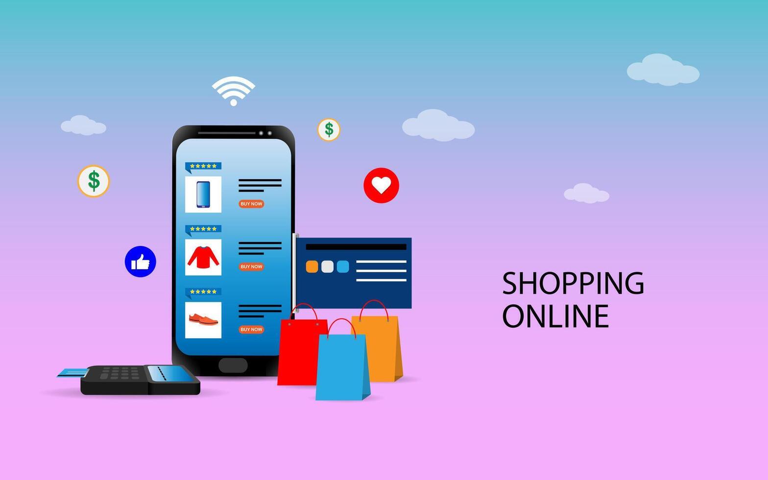 Shopping online using smartphone concept vector