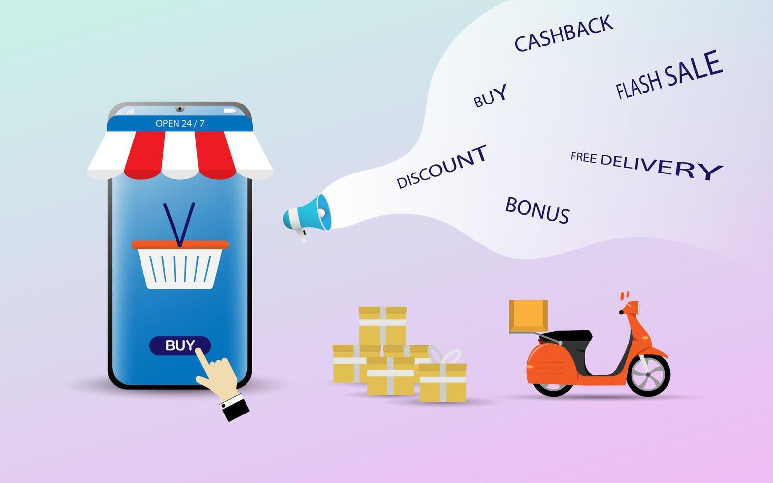Shopping online using smartphone concept vector