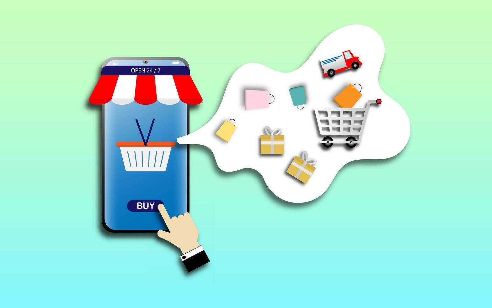 Shopping online using smartphone concept vector