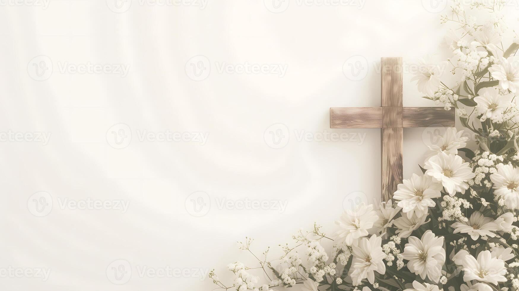 Composition with a Christian wooden cross and flowers against muted white background with space for text. Funeral invitation template photo