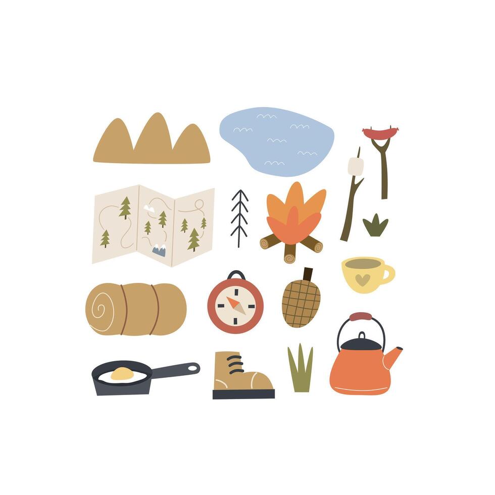 Cartoon camping thematic elements, hand drawing lettering. vector