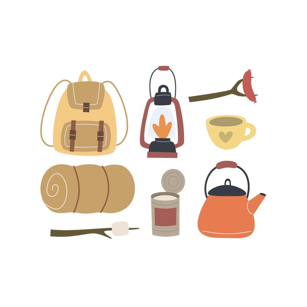 Cartoon camping thematic elements, hand drawing lettering. vector