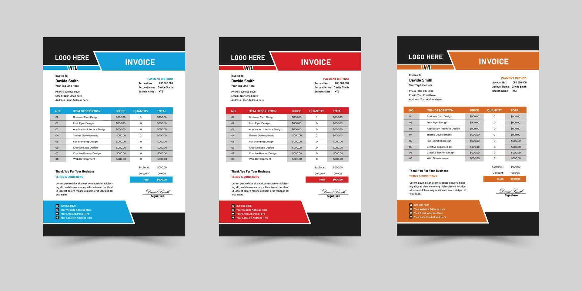 Creative Minimal Corporate Business Invoice design template. Business stationery design payment agreement design template. Set to print with illustration. vector