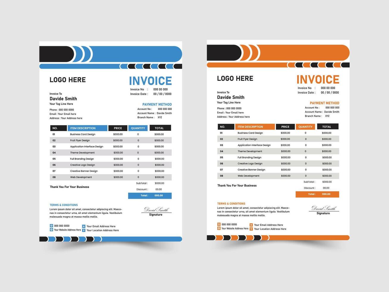 Creative Minimal Corporate Business Invoice design template. Business stationery design payment agreement design template. Set to print with illustration. vector