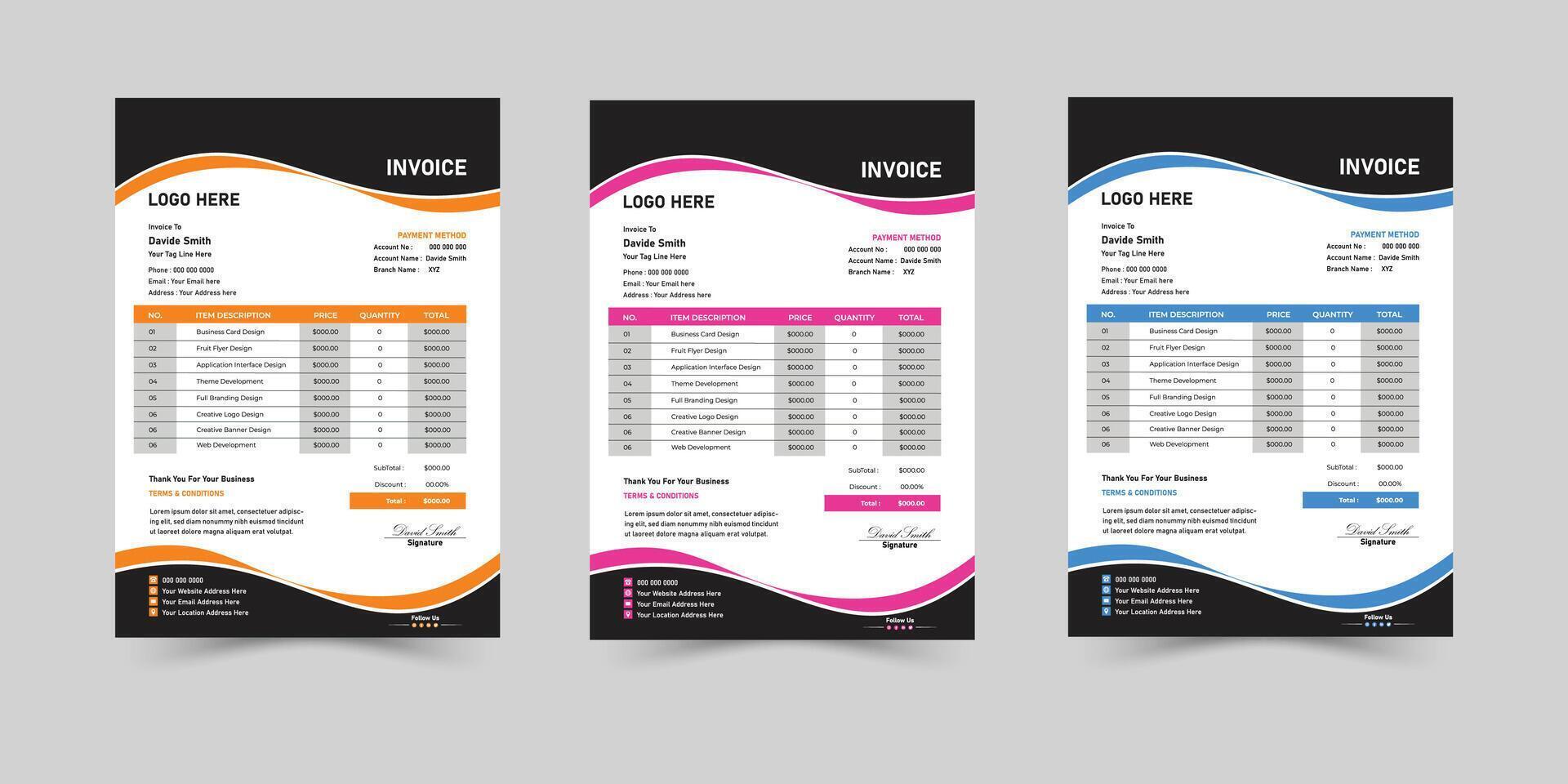 Creative Minimal Corporate Business Invoice design template. Business stationery design payment agreement design template. vector