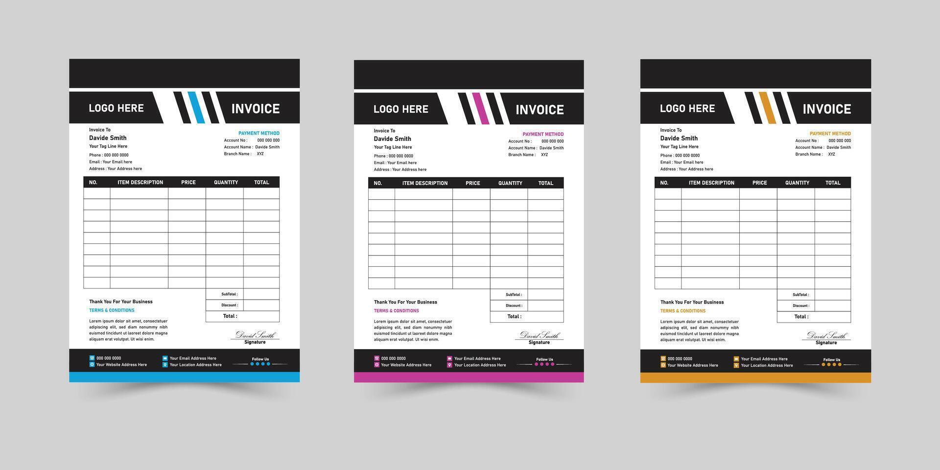 Creative Minimal Corporate Business Invoice design template. Business stationery design payment agreement design template. Set to print with illustration. vector