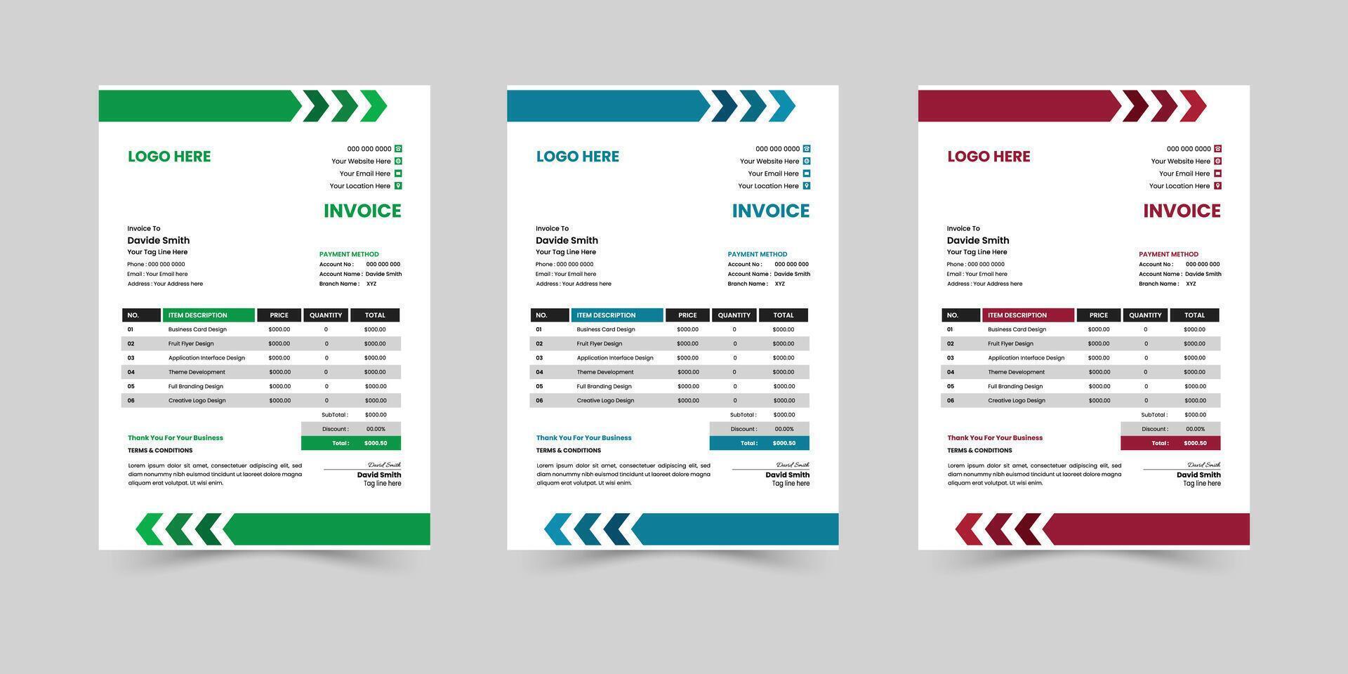 Creative Minimal Corporate Business Invoice design template. Business stationery design payment agreement design template. vector