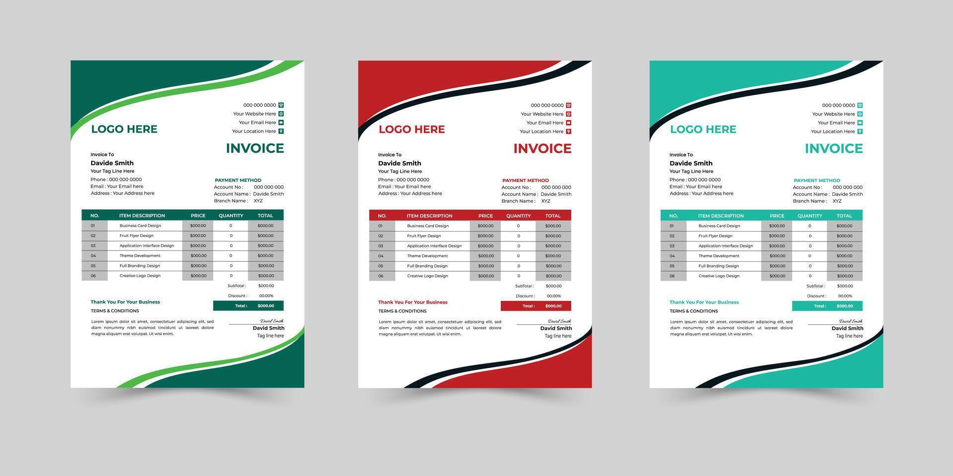 Creative Minimal Corporate Business Invoice design template. Business stationery design payment agreement design template. vector