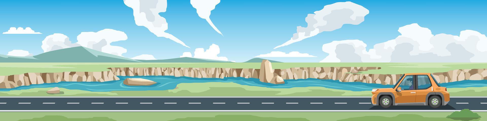 Horizontal view of asphalt road. Cars driving on the road. Landscape view of along the riverbank with deep cliffsmountain. under blue sky and white clouds. vector