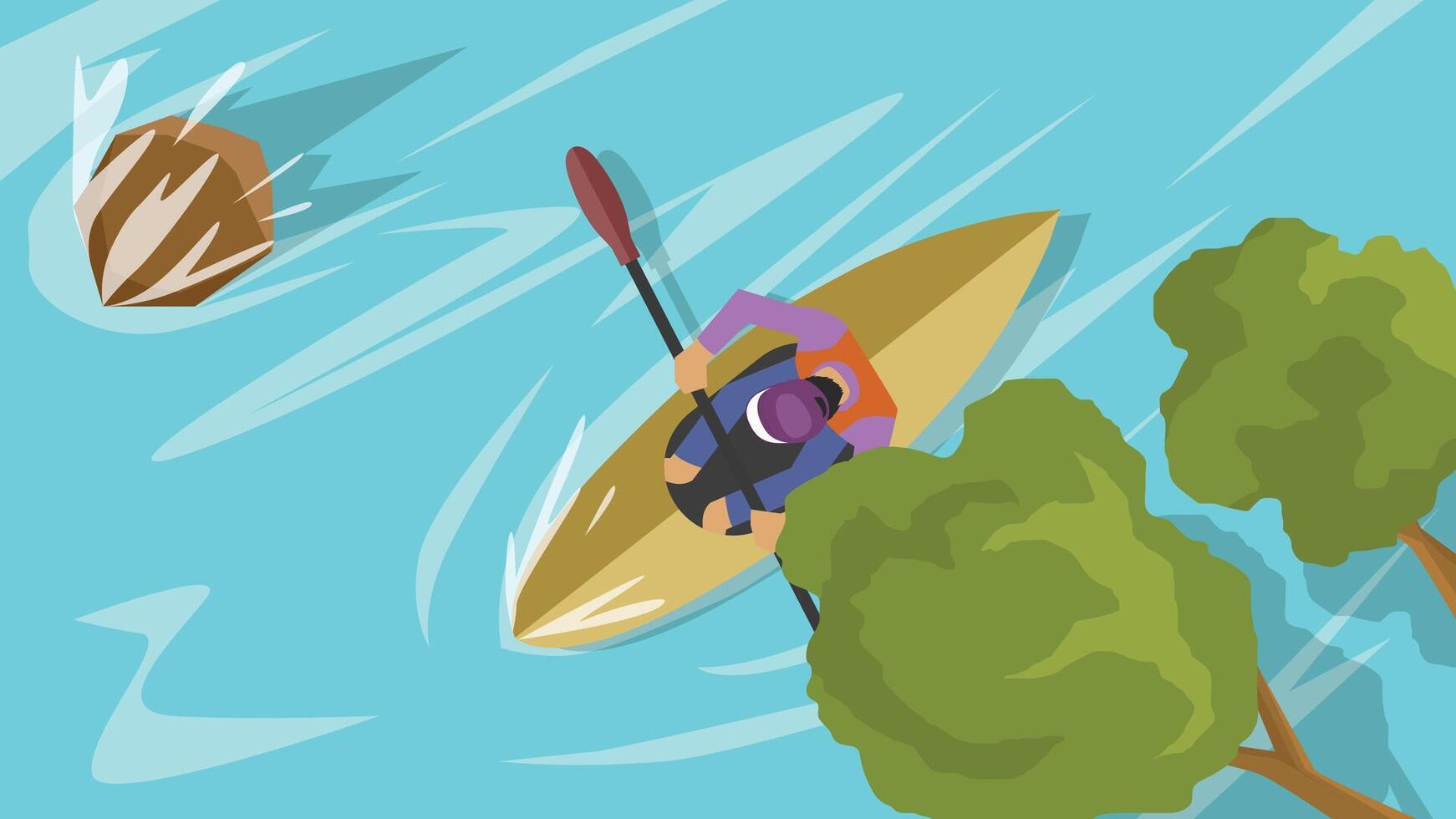 Athletes paddling canoes in rapids. Top view with branches and leaves obscuring the top. There is a rock as an obstacle on the side. In a canoeing competition. vector