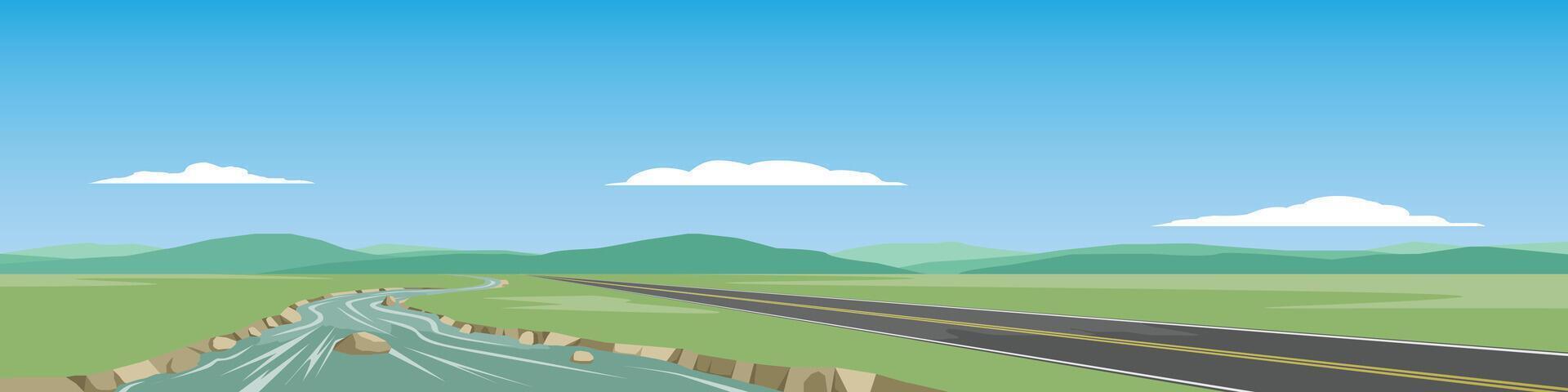Horizontal or landscape of smooth asphalt road beside a river. Surrounded by green grass with mountain under the blue sky and white clouds. vector