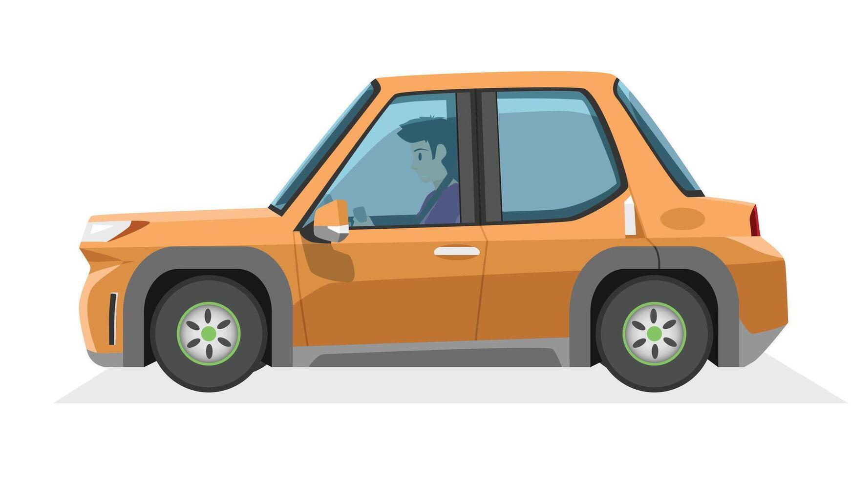 Concept illustration of detailed side of a flat sedan car with driving man inside car. Cartoon car orange color. with shadow of car on isolated white background. vector