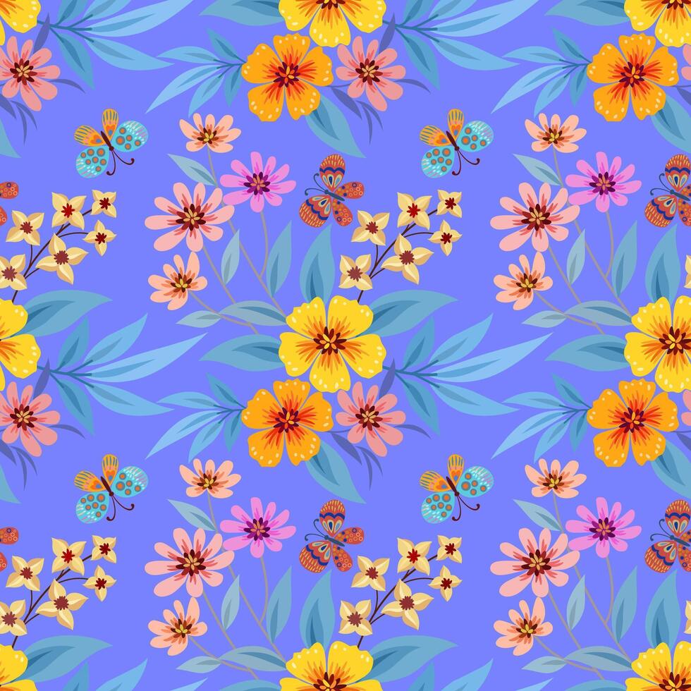 Beautiful blooming flowers on purple color background seamless pattern. vector