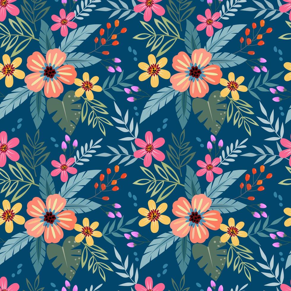Beautiful blooming flowers design on blue color background. vector