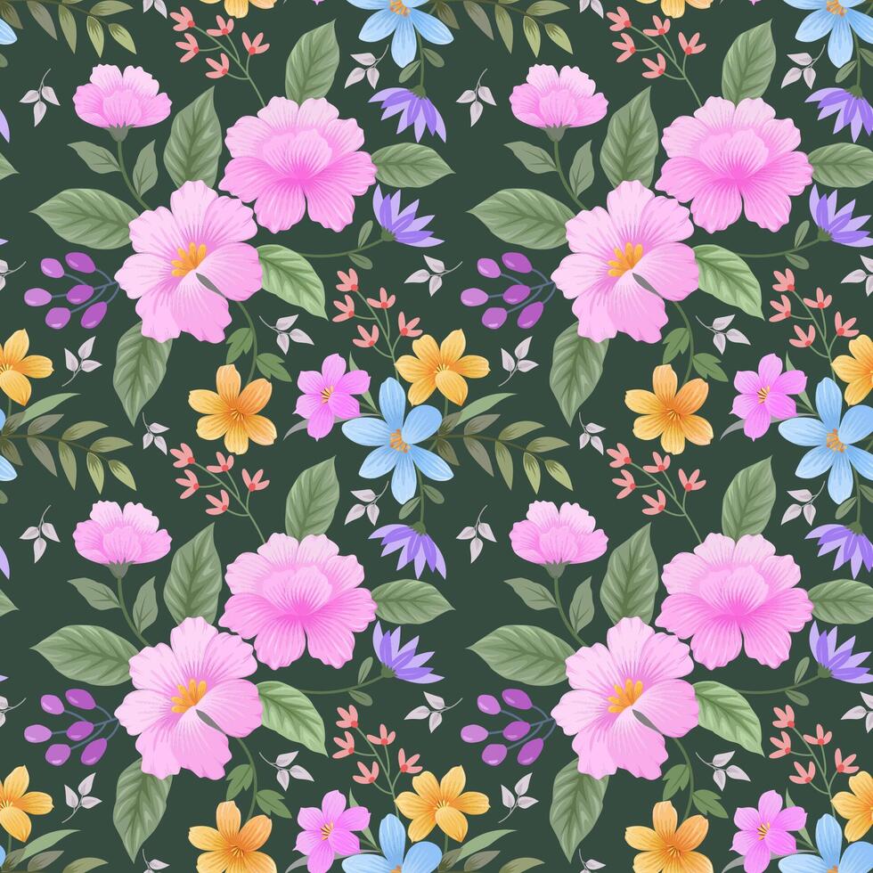 Beautiful blooming flowers design on green color background seamless pattern. vector