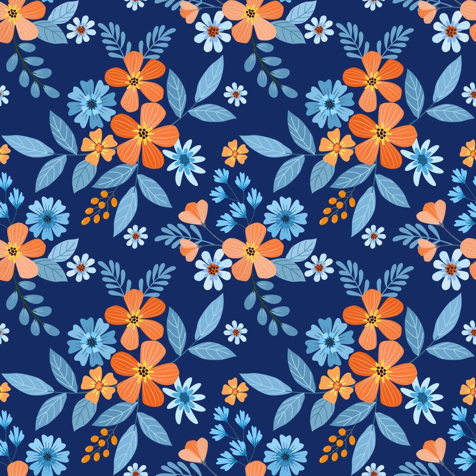 Beautiful blooming flowers design on blue color background seamless pattern. vector