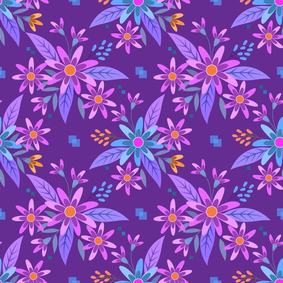 Beautiful blooming flowers on purple color background seamless pattern. vector