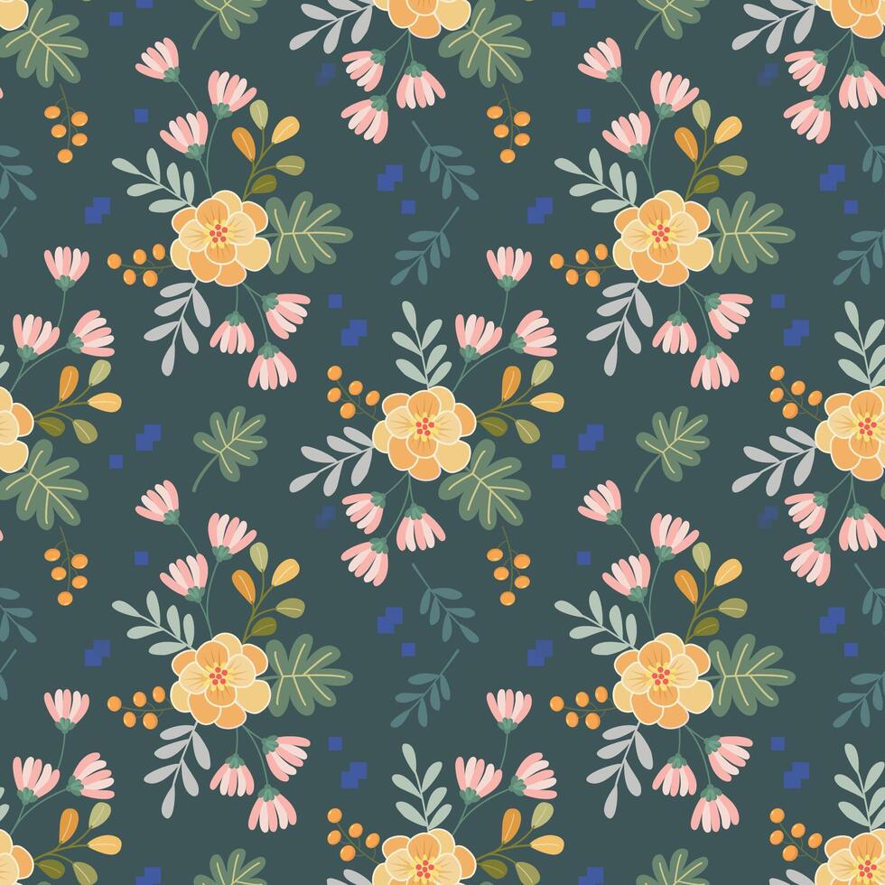 Beautiful flowers design on green color background seamless pattern. vector