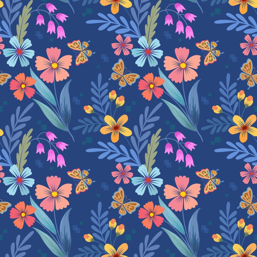 Beautiful blooming flowers design with butterfly on blue color background seamless pattern. vector