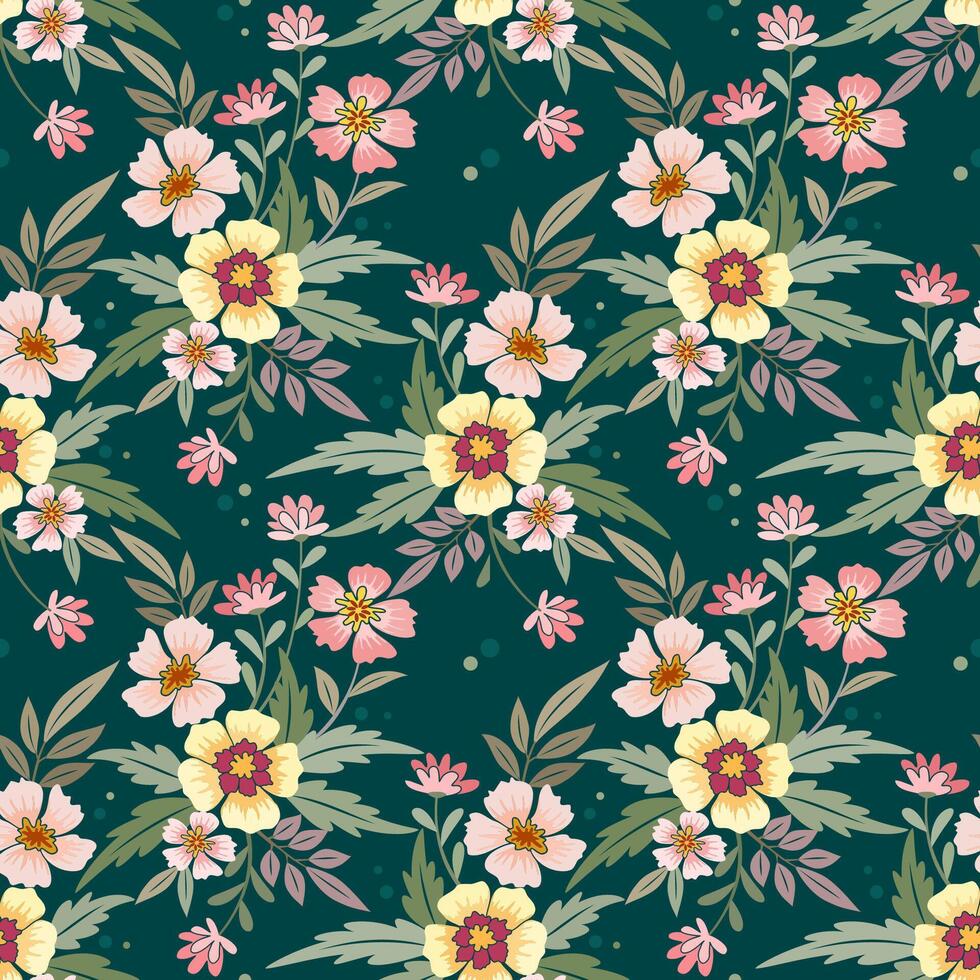 Beautiful flowers design on green color background seamless pattern. vector