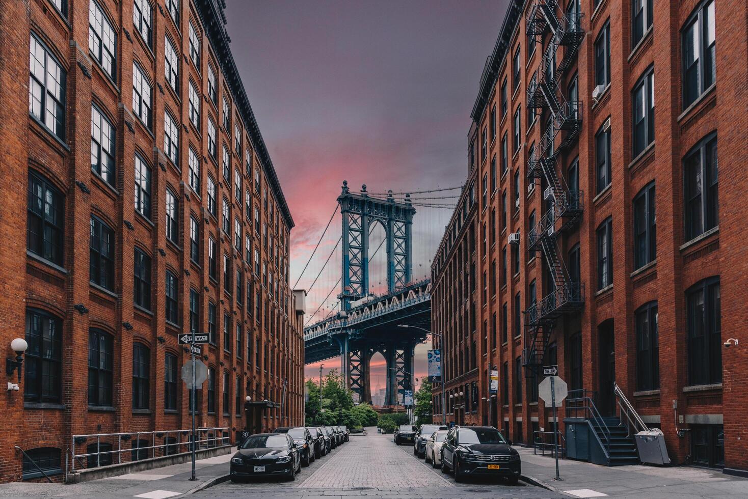 New York, US - May 13, 2023 - Manhattan Bridge seen from Dumbo, Brooklyn, New York City, USA on a sunrise photo