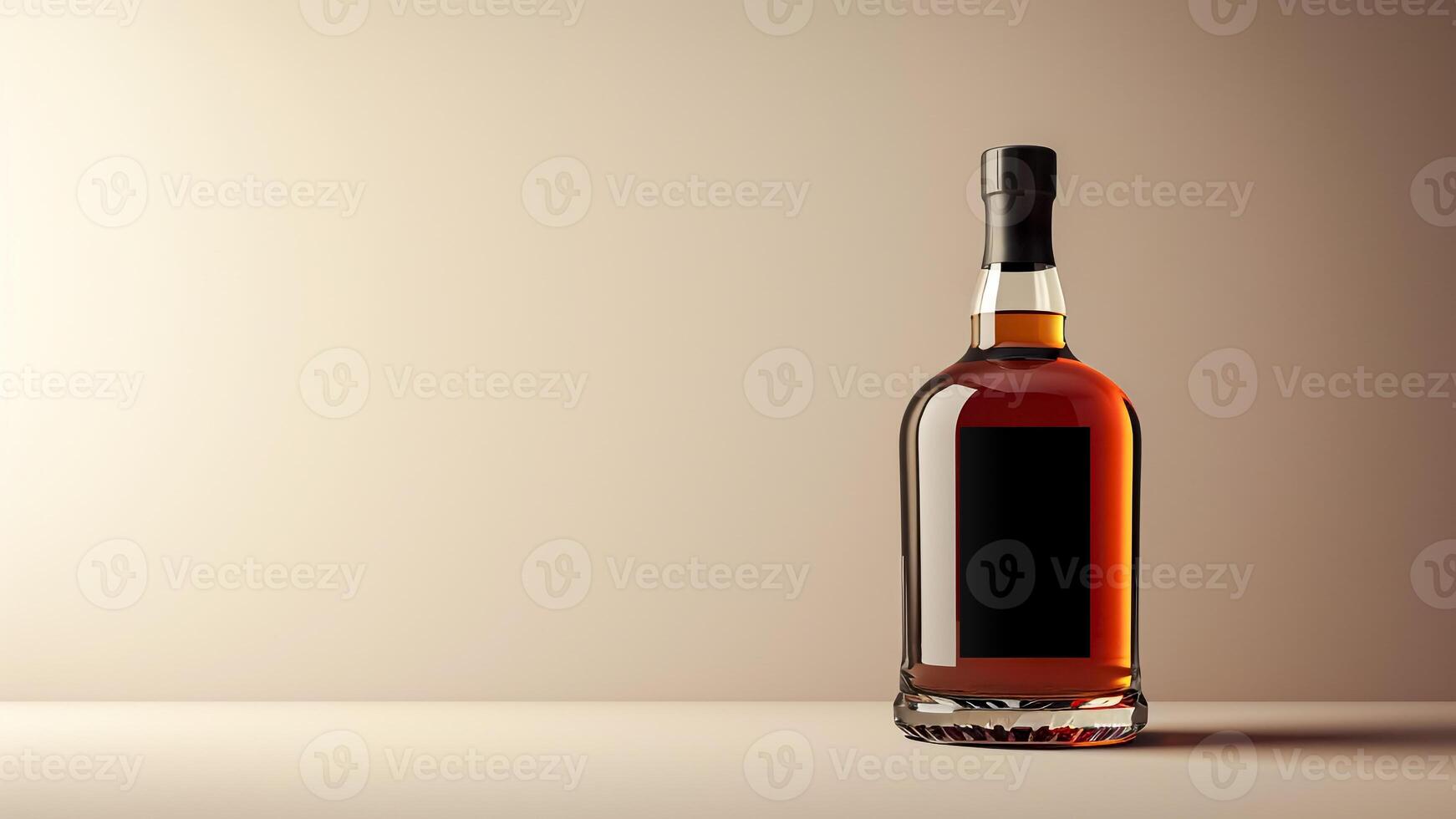 Classic Bourbon Bottle with Empty Label. Whiskey Tradition, Amber Spirit, Oak-Aged Flavor, Mockup, Copyspace. photo