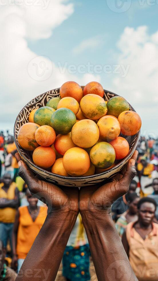 African Hands Holding Holding a Bowl of Fresh Fruits. Nutritious Food, Fresh and Juicy, Cultural Representation. photo