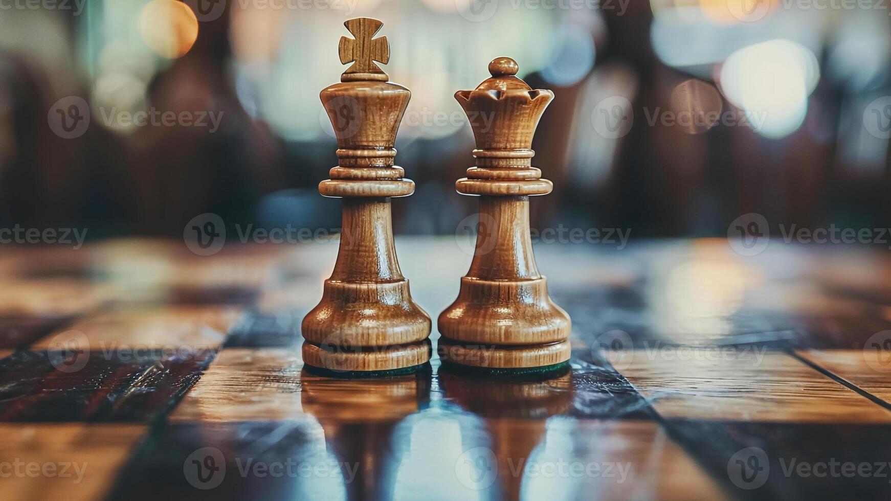 King and Queen Chess Pieces Reign on Checkered Floor. Strategic Power, Royal Authority, Game of Strategy. photo