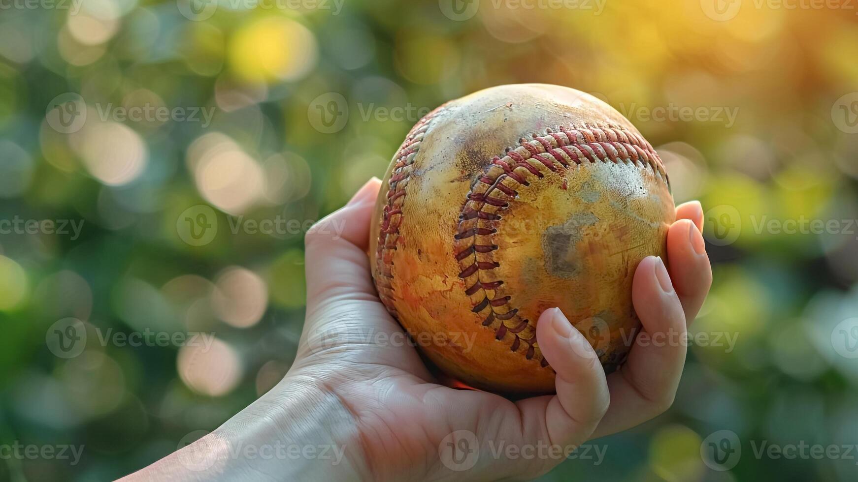 Hand Gripping a Worn Softball on Blurred Background. Sports Passion, Athletic Spirit, Game Ready. photo