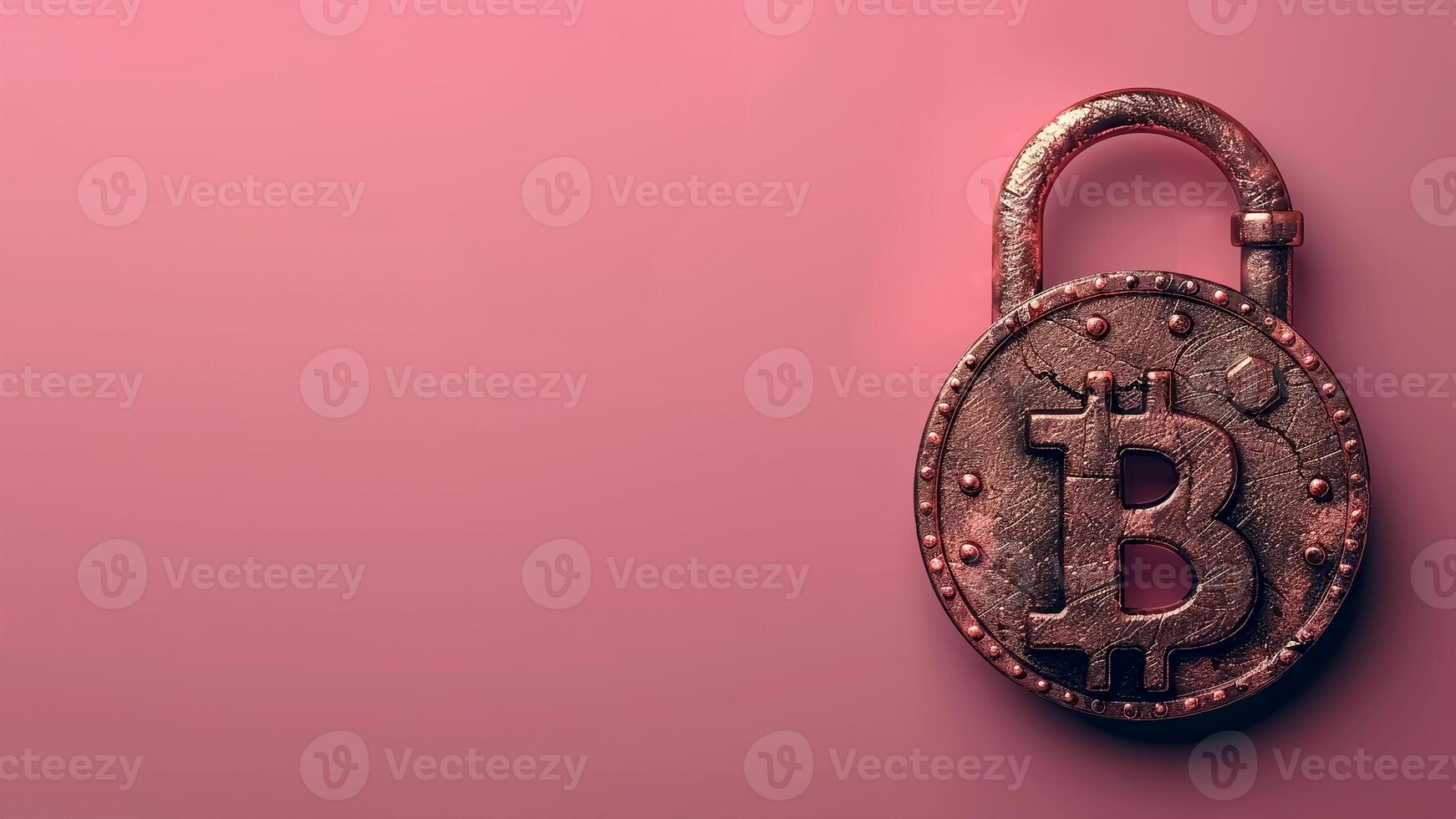 Old Padlock with Bitcoin Symbol on Pink Background. Copyspace, Cryptocurrency Protection, Digital Asset Security, Blockchain Encryption. photo