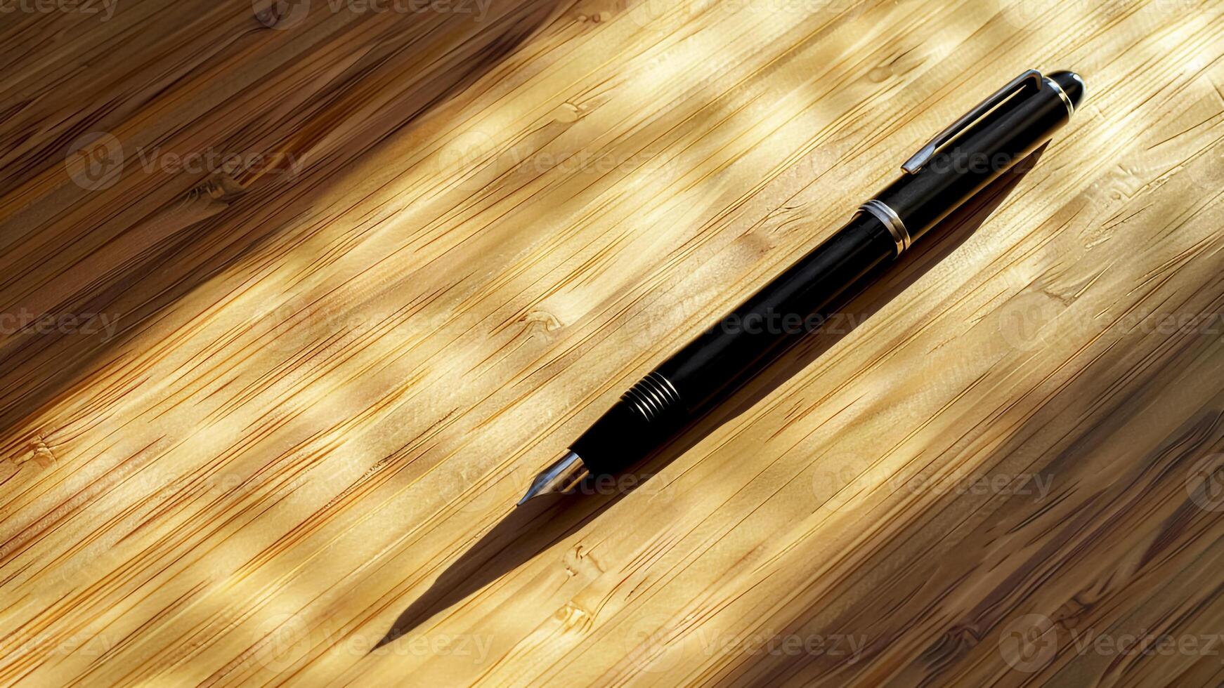 Ballpoint Pen Diagonally on Wooden Desk with Shadow. Writing Instrument, Desk Accessory, Office Tool. photo