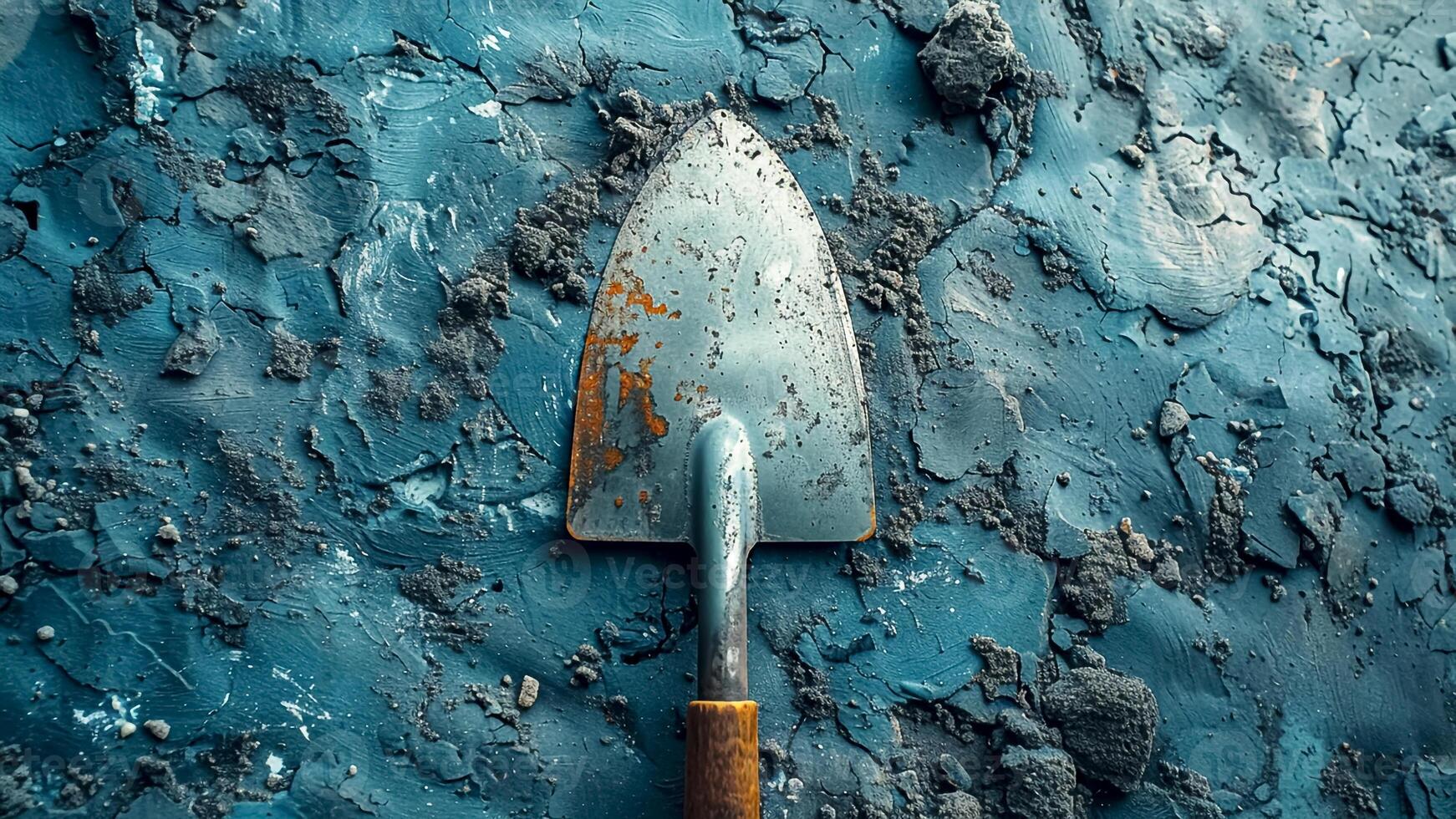 Rusty Garden Trowel on Blue Textured Background. Gardening Tool, Rustic Charm. photo