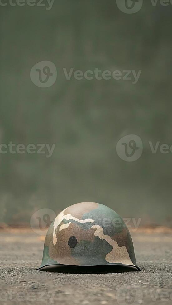Camouflage Helmet on Concrete Floor. War Remembrance, Military Equipment, Veteran's Sacrifice, Copy Space. photo
