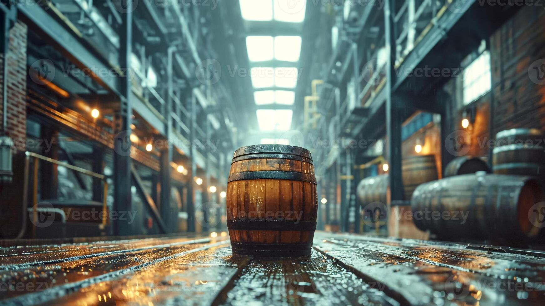 Bourbon Barrel in a Distillery. Whiskey Production, Artisan Craft, Distilling Tradition. photo