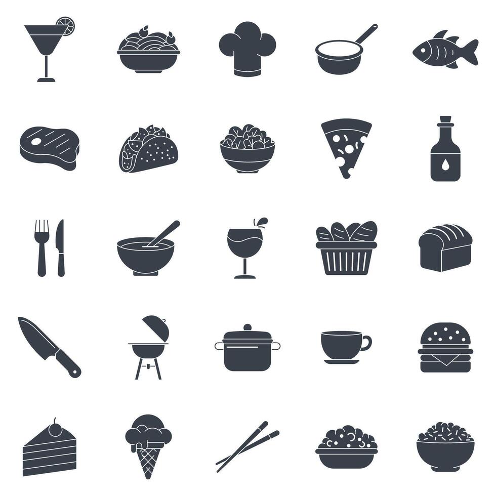 Cuisine, food and drink icons set, Included icons as Chopsticks, Ice Cream Cone, Taco, Hamburger and more symbols collection, logo isolated illustration vector
