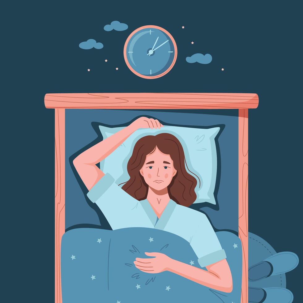 Sleep disorder, insomnia, sleeplessness. Young tired and exhausted woman lying in bed with open eyes in darkness night room. Frustrated person with problem. Character illustration in flat style vector