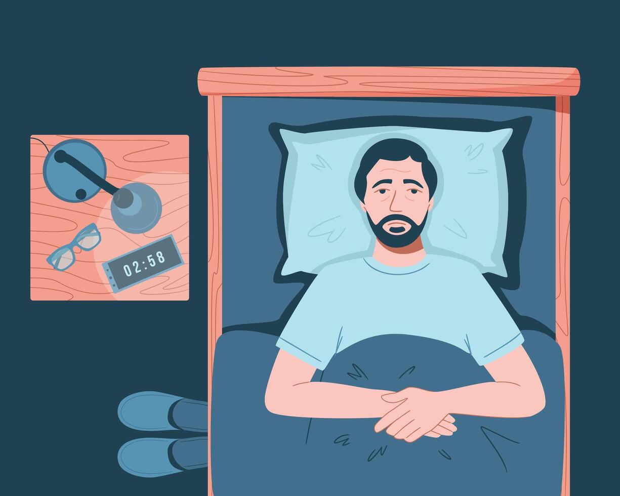 Sleep disorder, insomnia, sleeplessness. Senior tired and exhausted man lying in bed with open eyes in darkness night room. Frustrated person with problem. Character illustration in flat style vector