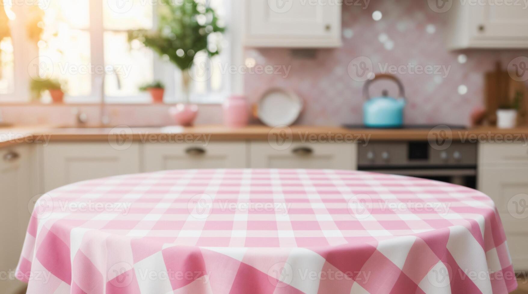 Empty round table with pastel pink and white checkered tablecloth top on blurred kitchen background photo