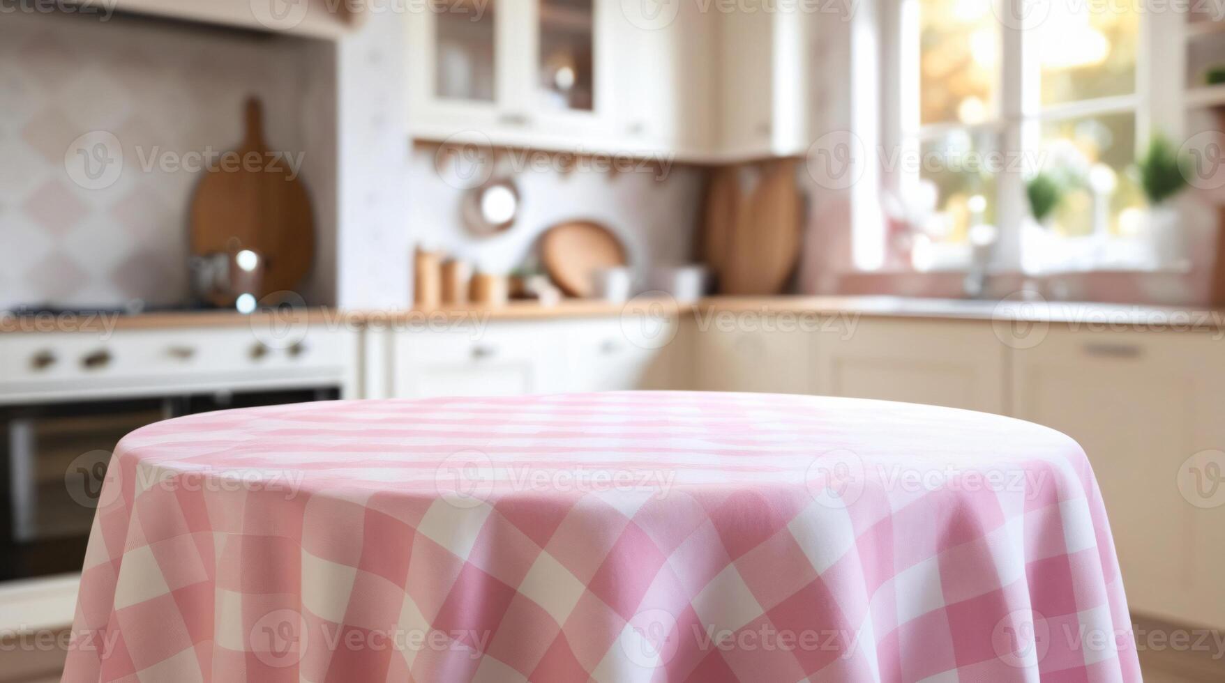 Empty round table with pastel pink and white checkered tablecloth top on blurred kitchen background, blank for copy space photo