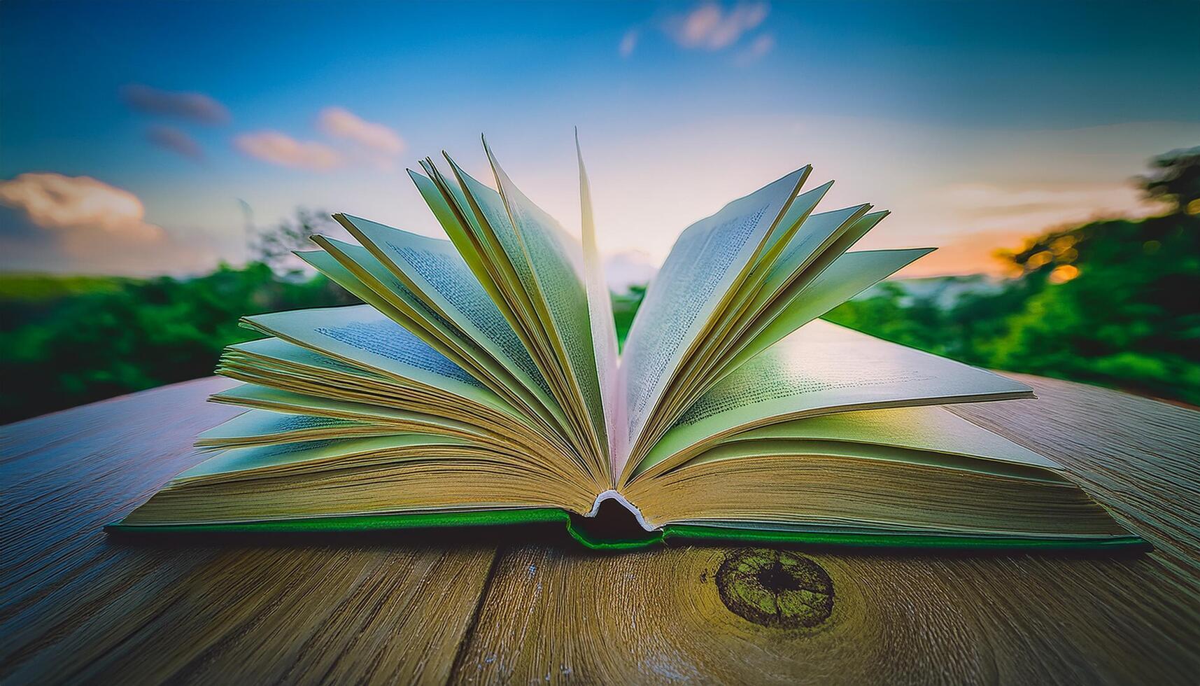 open book on wood table photo
