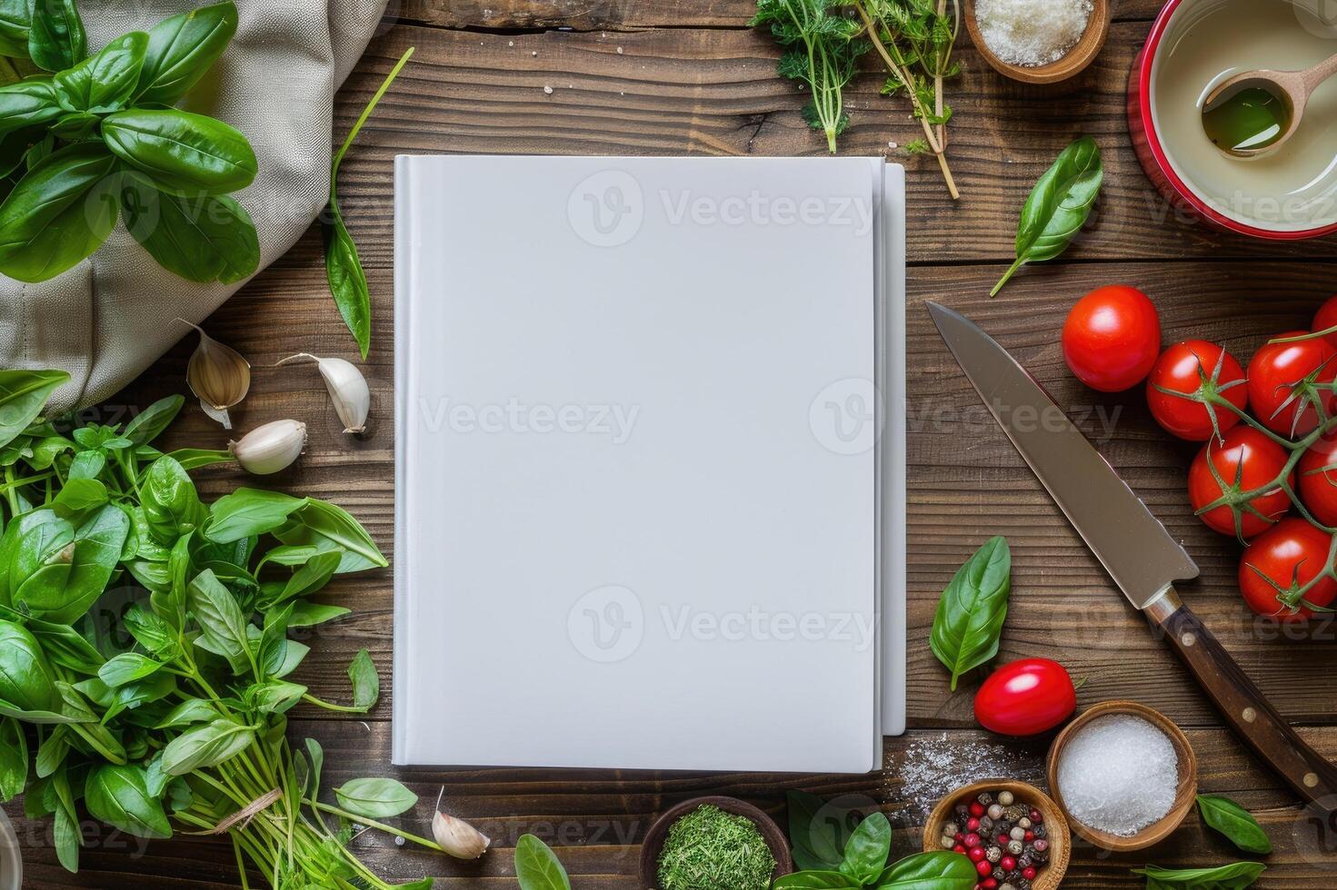 Blank white book cover mock-up on an Italian kitchen table surrounded by fresh herbs and Italian ingredients photo